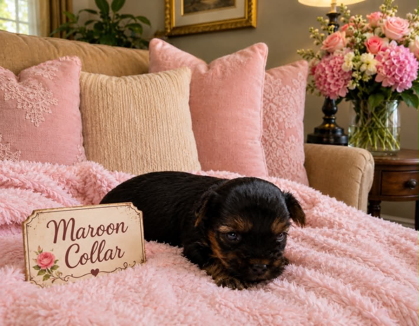 Maroon Collar, a Yorkshire Terrier puppy